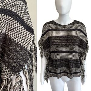 Lucky Brand Striped Crochet Knit Poncho Size XS Mixed Patterned Fringe Pullover